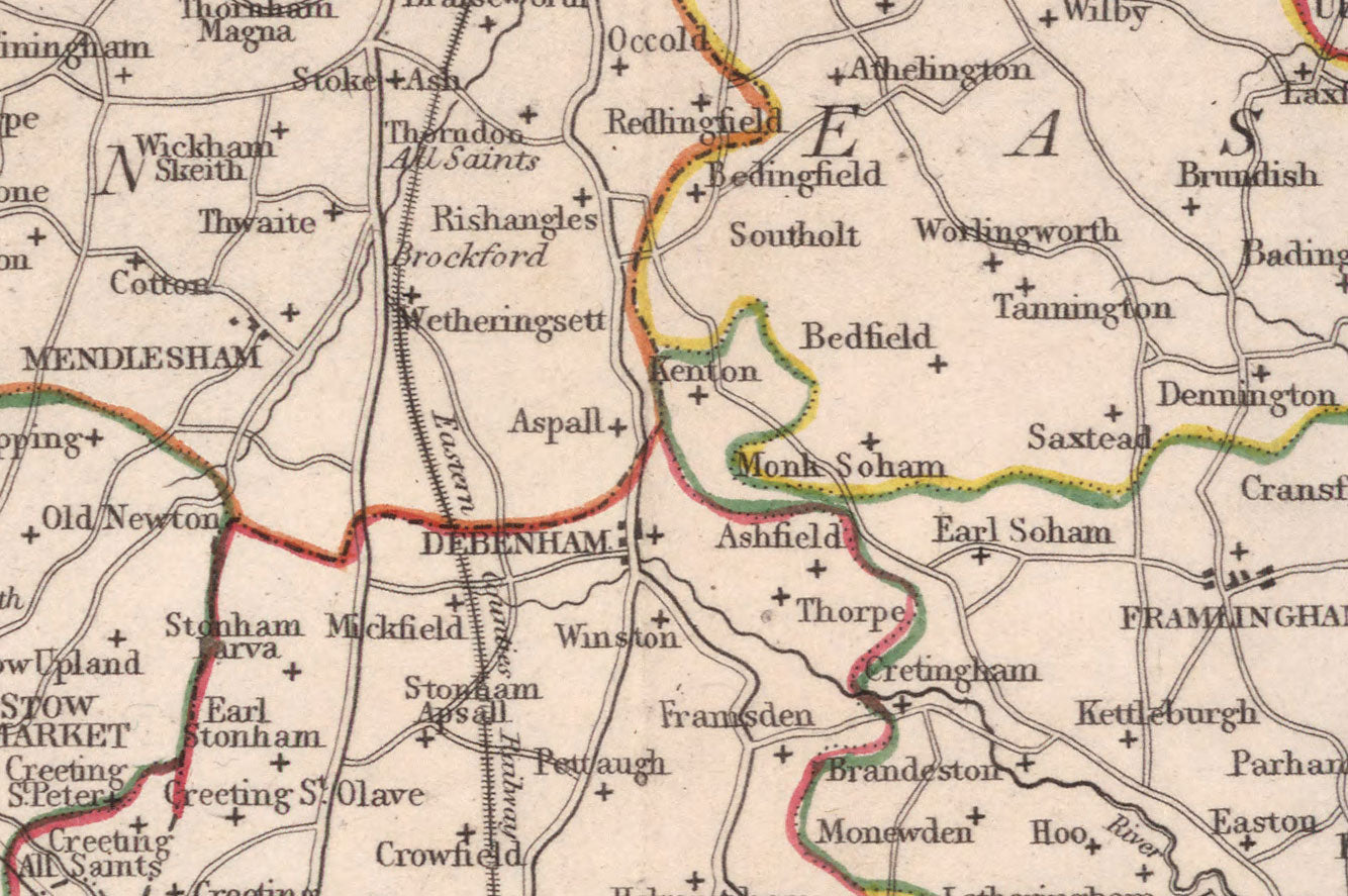 Ancienne carte du Suffolk en 1844 par Samuel Lewis - Ipswich, Woodbridge, Bury St. Edmunds, Thetford, Great Yarmouth