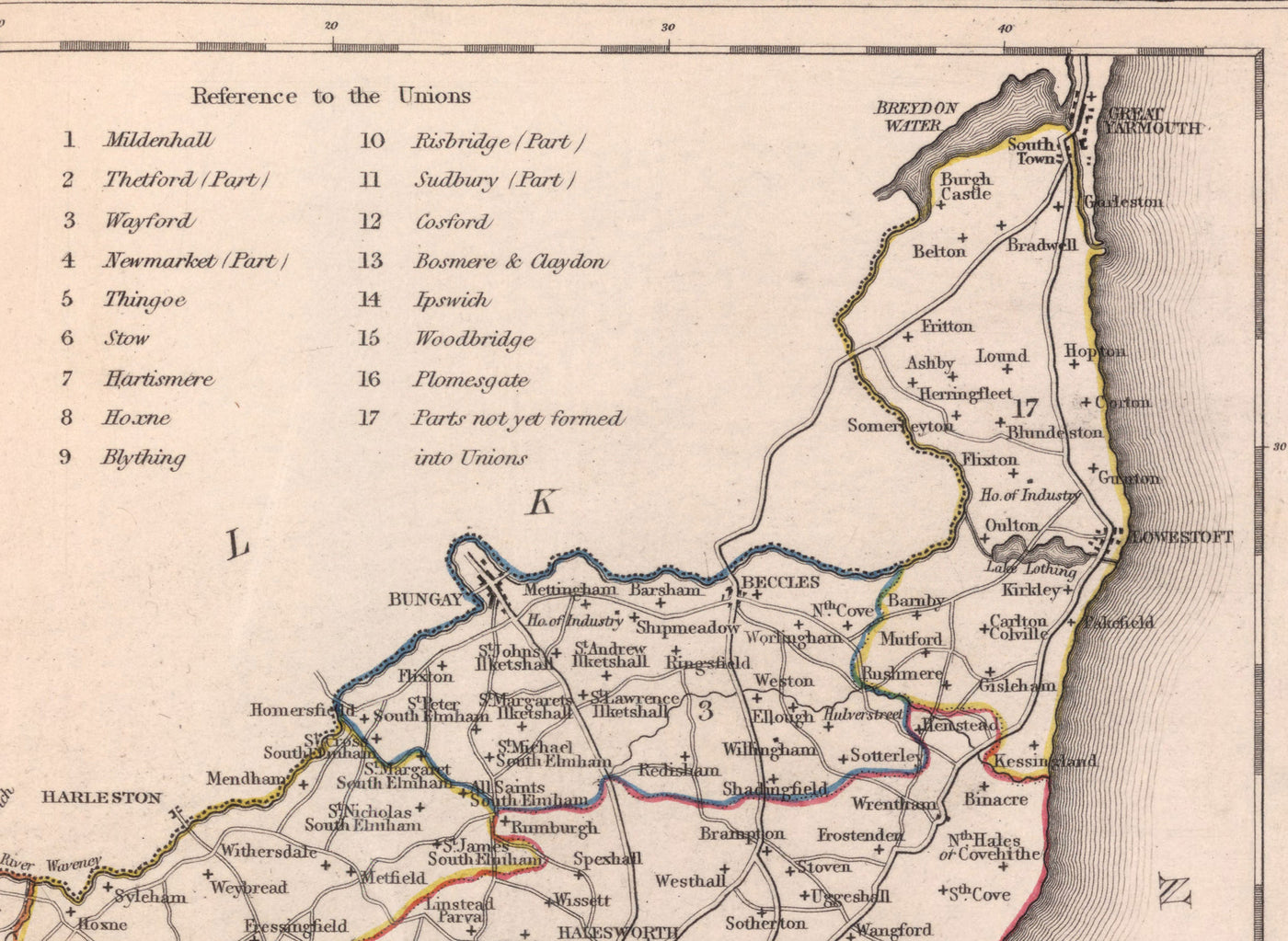 Antiguo mapa de Suffolk en 1844 por Samuel Lewis - Ipswich, Woodbridge, Bury St. Edmunds, Thetford, Great Yarmouth