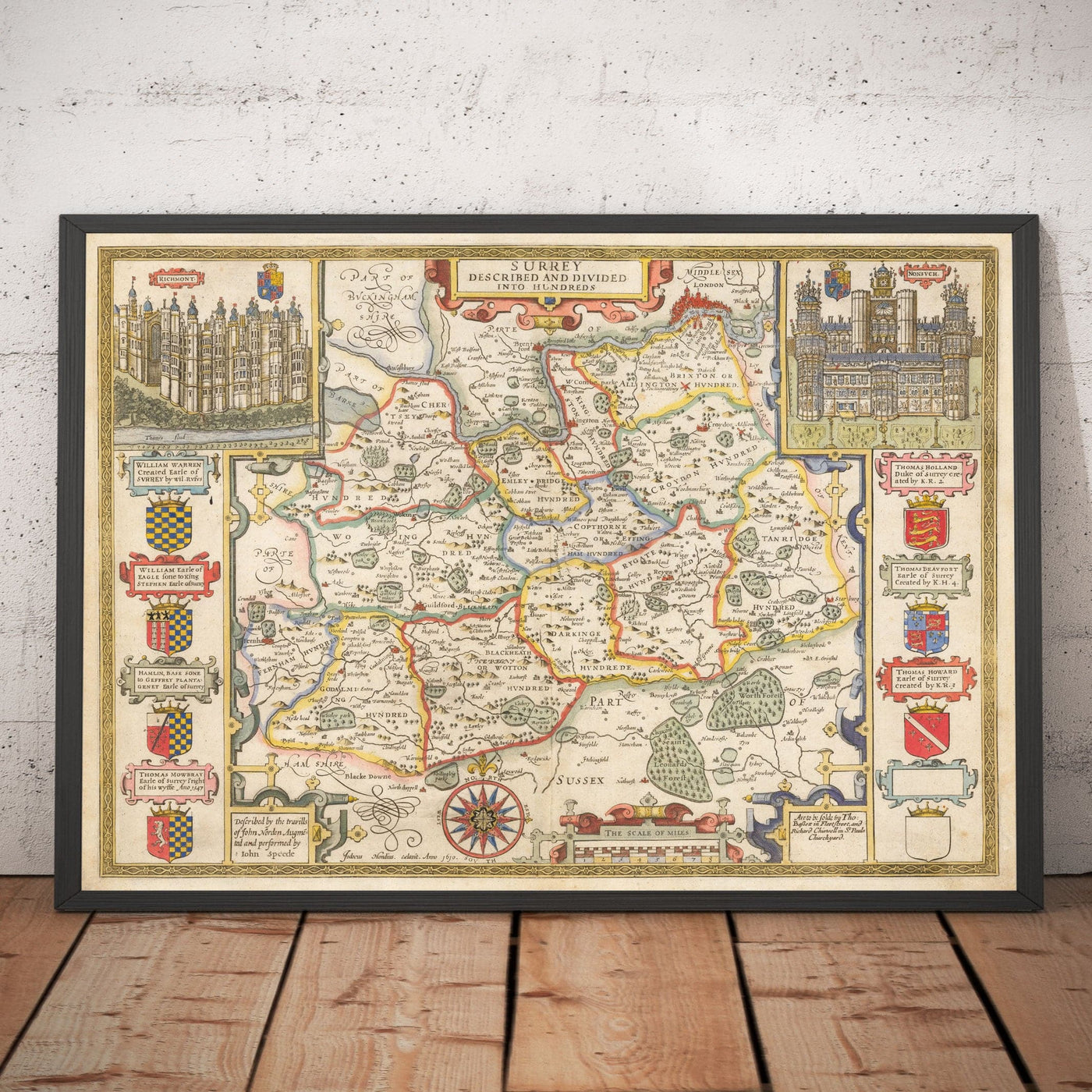 Antiguo mapa de Surrey 1611 por John Speed - Woking, Guildford, Croydon, Richmond, Esher, Cobham, Sutton, Morden