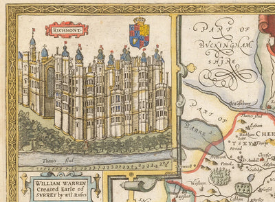Alte Karte von Surrey 1611 von John Speed - Woking, Guildford, Croydon, Richmond, Esher, Cobham, Sutton, Morden