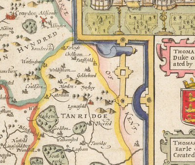 Ancienne carte du Surrey 1611 par John Speed - Woking, Guildford, Croydon, Richmond, Esher, Cobham, Sutton, Morden