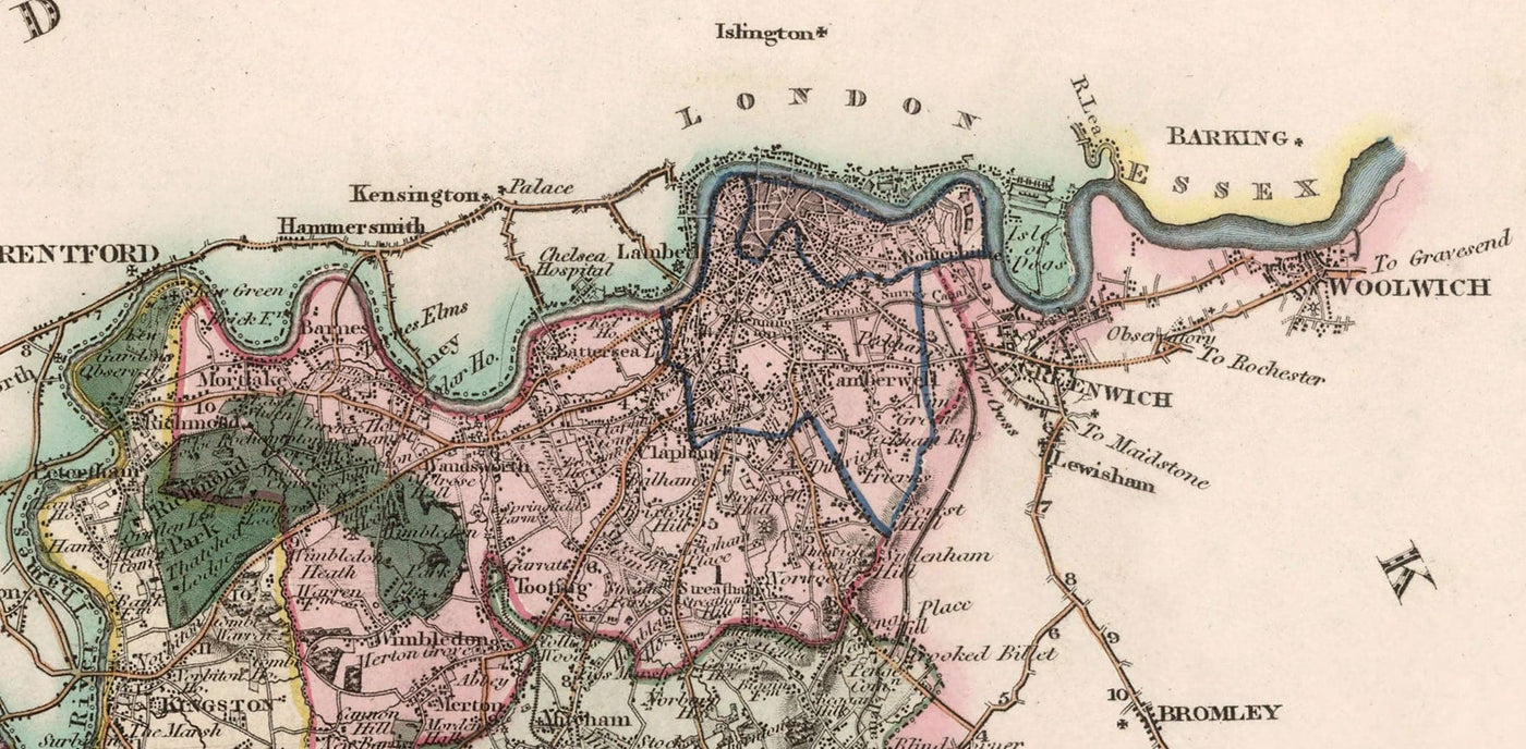 Viejo mapa de Surrey 1829 por Greenwood & Co. - Woking, Guildford, Croydon, Richmond
