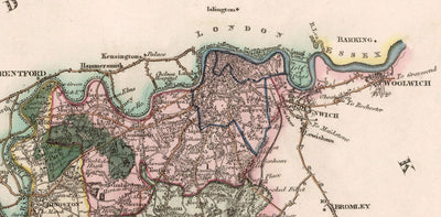 Viejo mapa de Surrey 1829 por Greenwood & Co. - Woking, Guildford, Croydon, Richmond