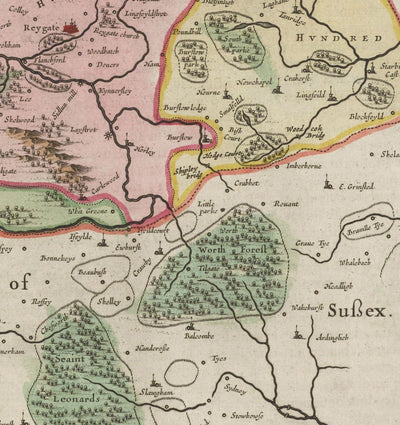 Ancienne carte de Surrey en 1665 par Joan Blaaeu - Woking, Guildford, Croydon, Richmond, Kingston, Regate