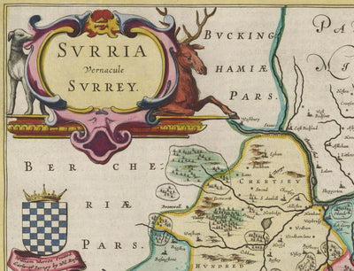 Old Map of Surrey in 1665 by Joan Blaeu - Woking, Guildford, Croydon, Richmond, Kingston, Reigate