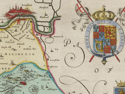 Ancienne carte de Surrey en 1665 par Joan Blaaeu - Woking, Guildford, Croydon, Richmond, Kingston, Regate