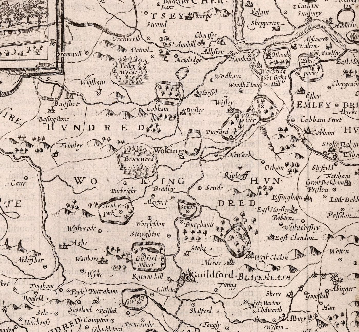 Ancienne carte de Surrey en 1611 par John Speed ​​- Woking, Guildford, Croydon, Richmond, Londres
