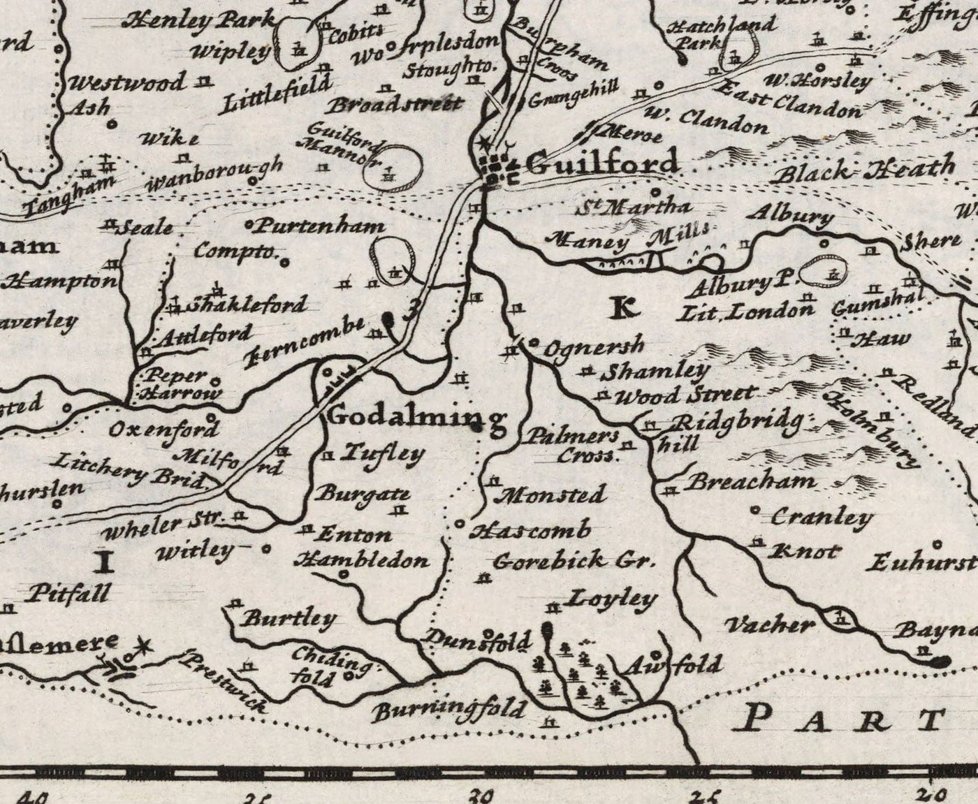 Alte Karte von Surrey 1724 von Herman Moll - Woking, Guildford, Croydon, Richmond, Lambeth, Southwark