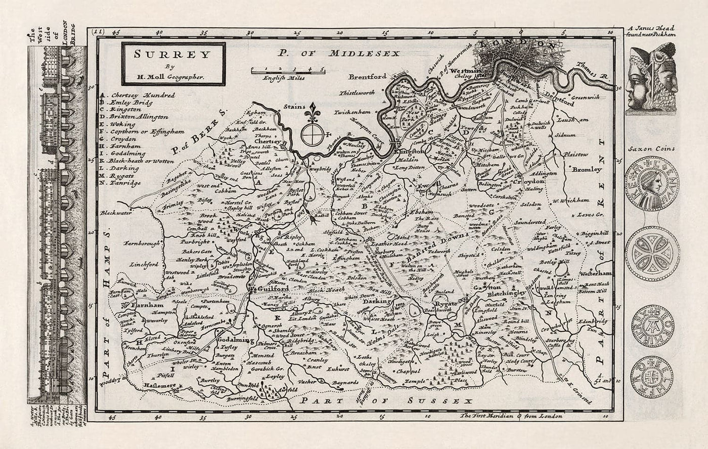 Alte Karte von Surrey 1724 von Herman Moll - Woking, Guildford, Croydon, Richmond, Lambeth, Southwark