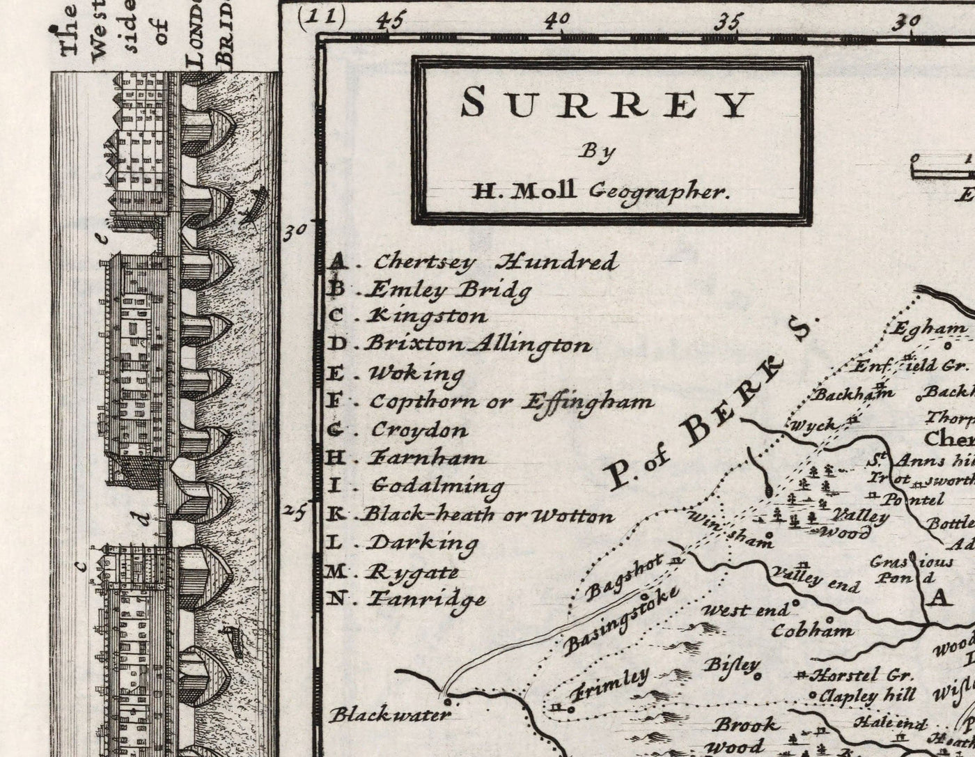 Ancienne Carte de Surrey 1724 de Herman Moll - Woking, Guildford, Croydon, Richmond, Lambeth, Southwark