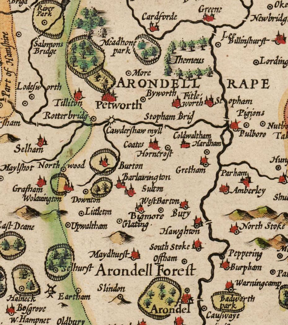 Antiguo mapa de Sussex en 1611 por John Speed - Worthing, Crawley, Brighton, Bognor, Eastbourne