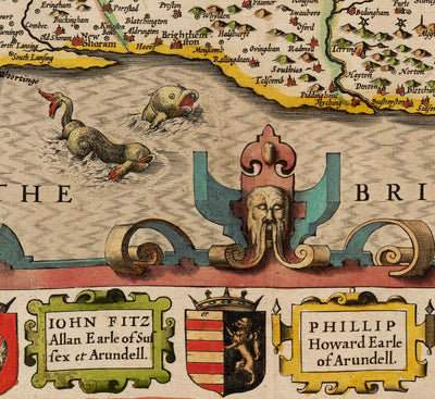 Alte Karte von Sussex im Jahr 1611 von John Speed - Worthing, Crawley, Brighton, Bognor, Eastbourne