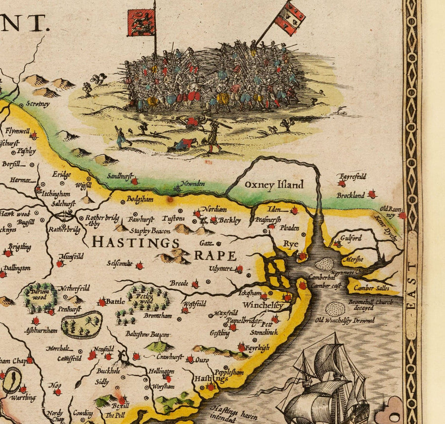 Mappa antica del Sussex nel 1611 di John Speed - Worthing, Crawley, Brighton, Bognor, Eastbourne 