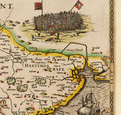 Ancienne carte du Sussex en 1611 par John Speed - Worthing, Crawley, Brighton, Bognor, Eastbourne