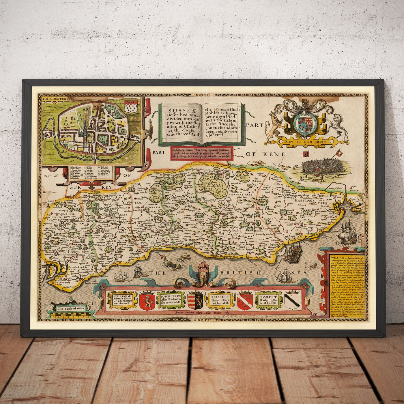 Ancienne carte du Sussex en 1611 par John Speed - Worthing, Crawley, Brighton, Bognor, Eastbourne