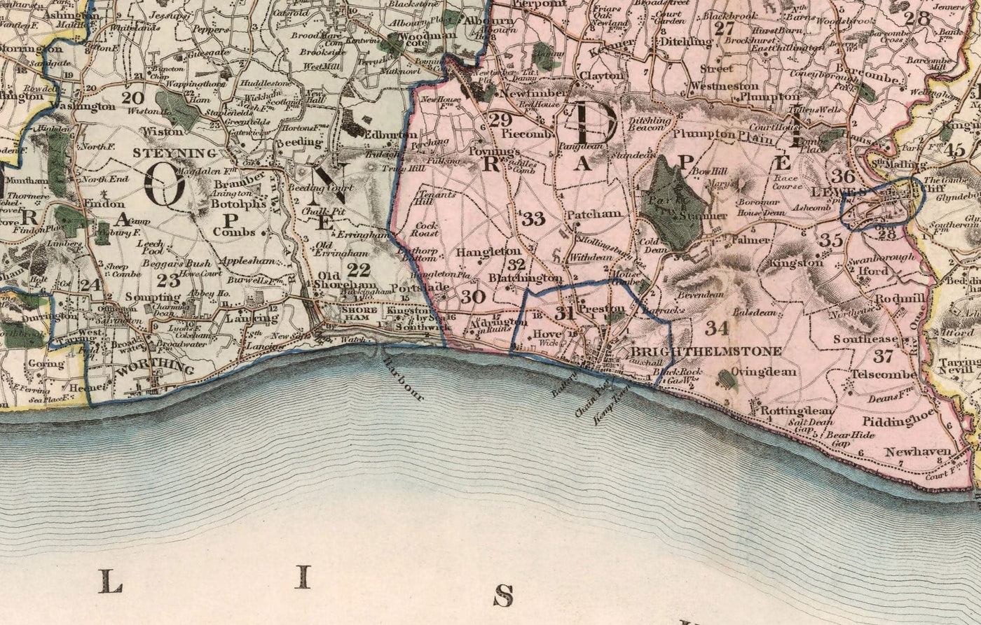 Old Map of Sussex 1829 by Greenwood & Co. - Worthing, Crawley, Brighton, Bognor, Eastbourne