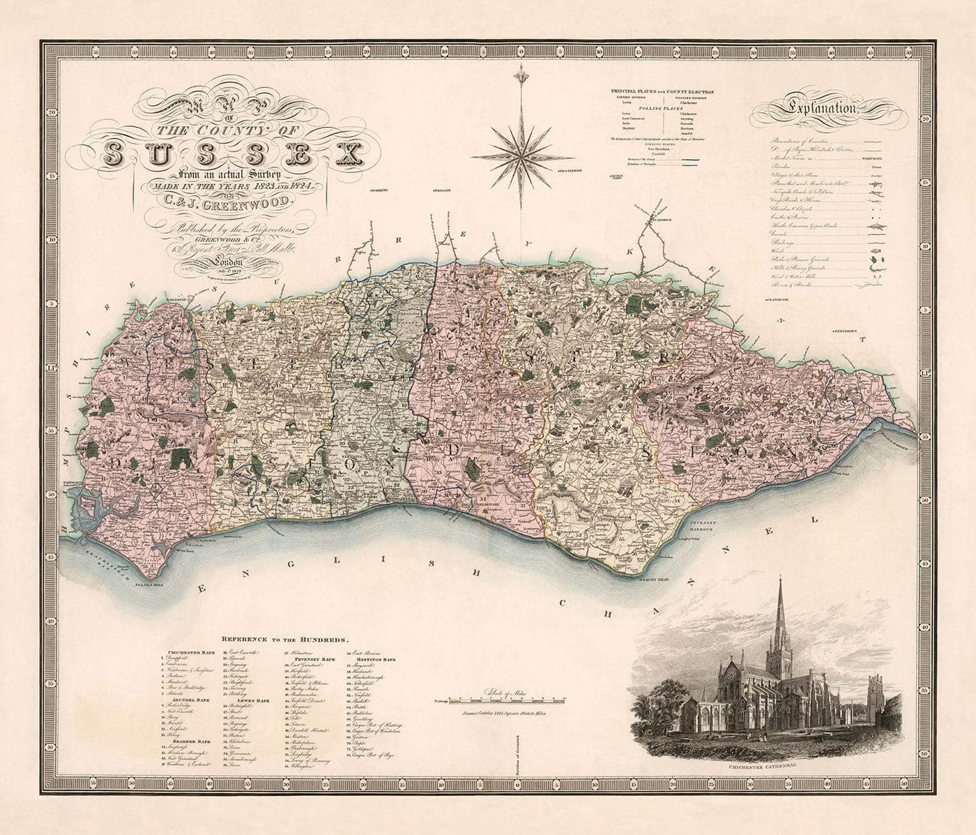 Alte Karte von Sussex 1829 von Greenwood & Co. - Worthing, Crawley, Brighton, Bognor, Eastbourne