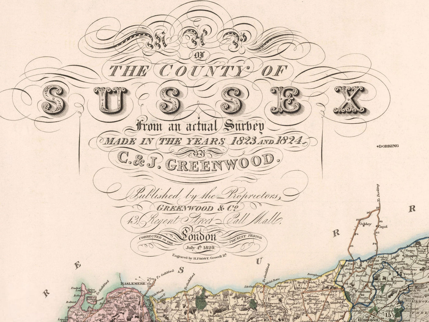 Mapa antiguo de Sussex 1829 por Greenwood & Co. - Worthing, Crawley, Brighton, Bognor, Eastbourne
