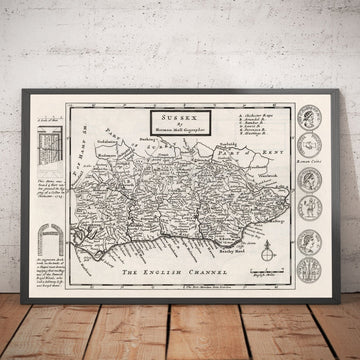 Mappa antica del Sussex 1724, di Herman Moll - Worthing, Crawley, Brighton, Bognor, Eastbourne 