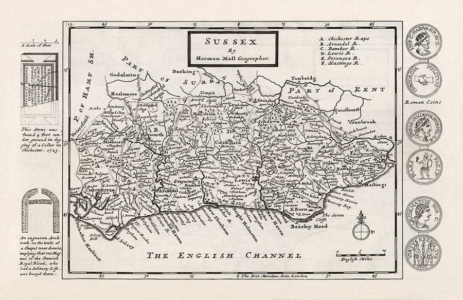 Mappa antica del Sussex 1724, di Herman Moll - Worthing, Crawley, Brighton, Bognor, Eastbourne 
