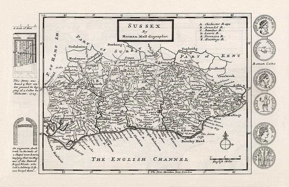 Ancienne carte de Sussex 1724, par Herman Moll - Worthing, Crawley, Brighton, Bognor, Eastbourne