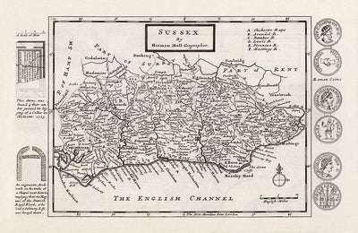 Ancienne carte de Sussex 1724, par Herman Moll - Worthing, Crawley, Brighton, Bognor, Eastbourne