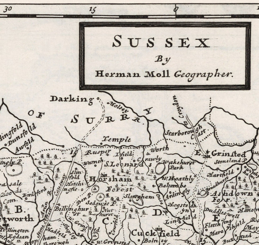 Mappa antica del Sussex 1724, di Herman Moll - Worthing, Crawley, Brighton, Bognor, Eastbourne 