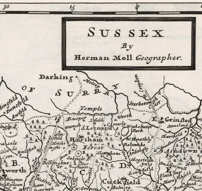 Alte Karte von Sussex 1724 von Herman Moll - Worthing, Crawley, Brighton, Bognor, Eastbourne