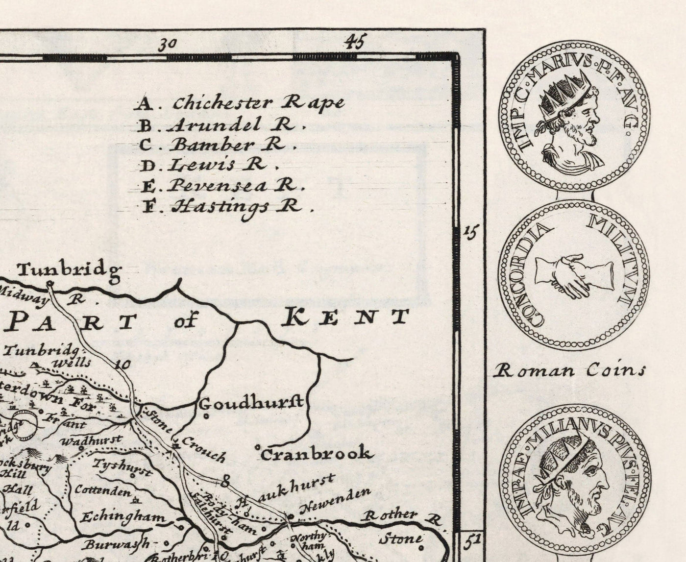 Alte Karte von Sussex 1724 von Herman Moll - Worthing, Crawley, Brighton, Bognor, Eastbourne