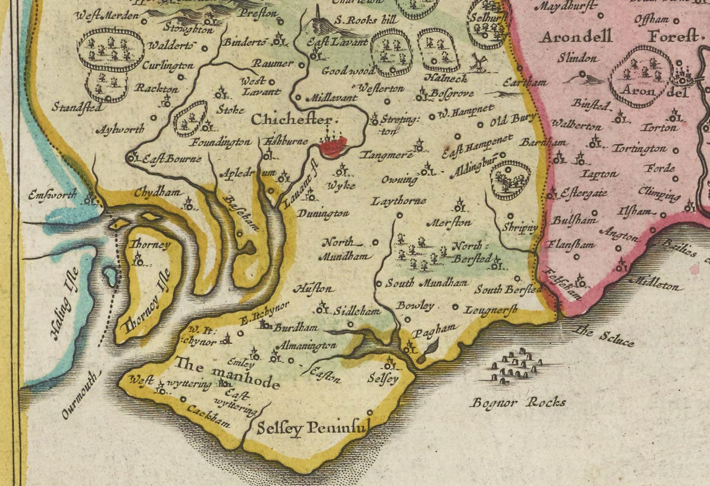 Ancienne carte de Sussex en 1665 par Joan Blaauu - Est, Occident, Mid Sussex, Worthing, Crawley, Brighton, Bognor, Eastbourne