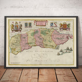 Old Map of Sussex in 1665 by Joan Blaeu - East, West, Mid Sussex, Worthing, Crawley, Brighton, Bognor, Eastbourne