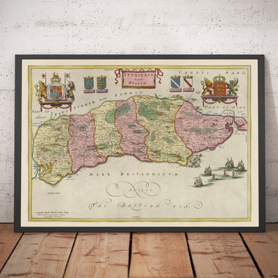 Viejo mapa de Sussex en 1665 por Joan Blaeu - Este, Oeste, Mid Sussex, Worthing, Crawley, Brighton, Bognor, Eastbourne
