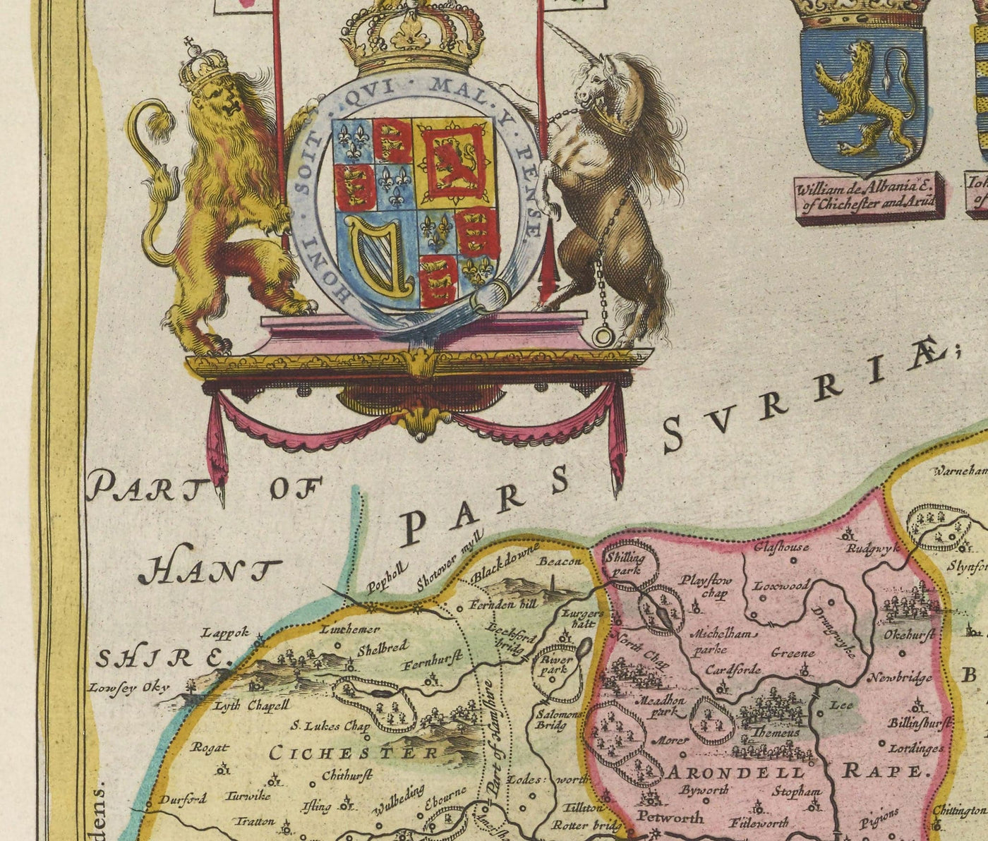 Viejo mapa de Sussex en 1665 por Joan Blaeu - Este, Oeste, Mid Sussex, Worthing, Crawley, Brighton, Bognor, Eastbourne