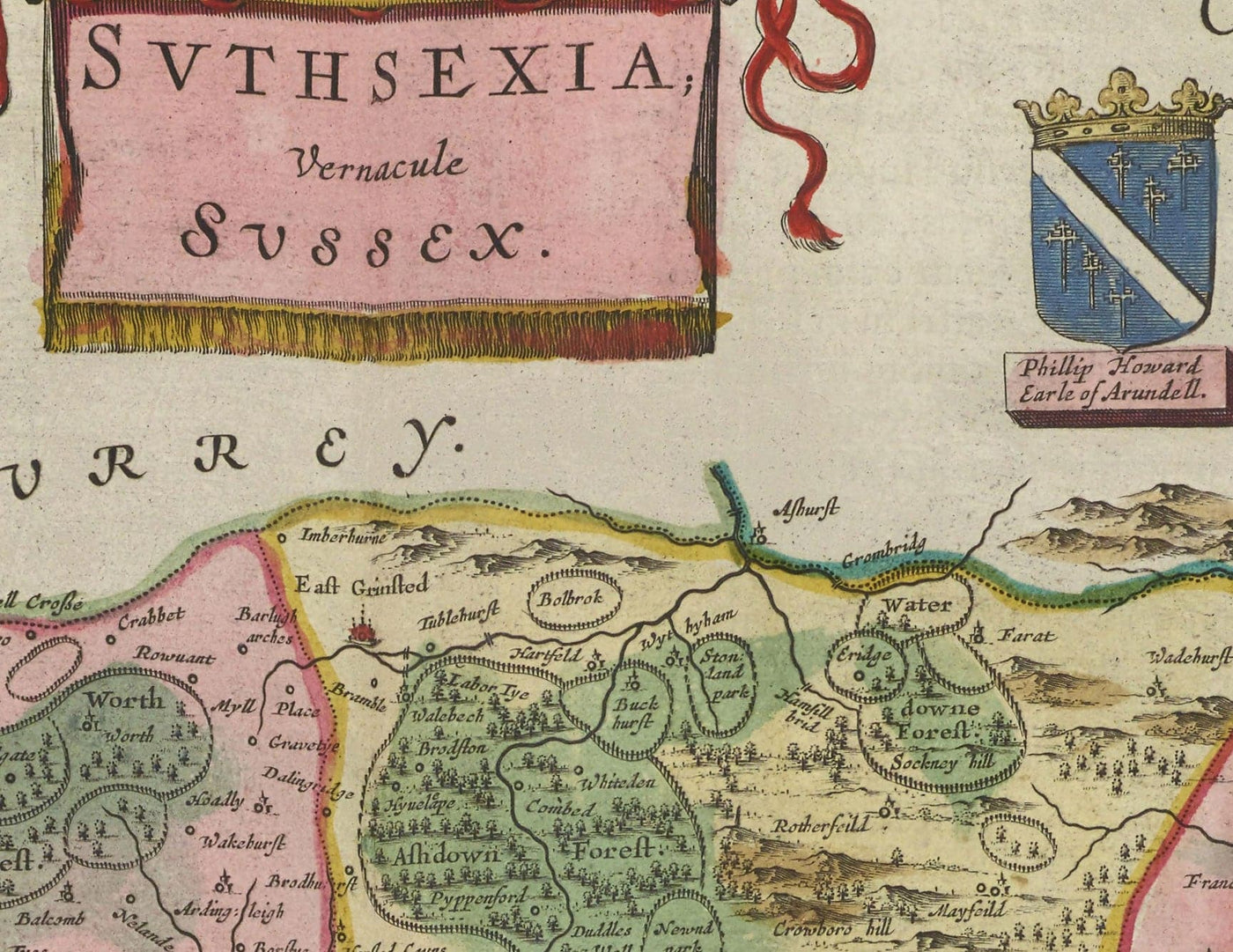 Alte Karte von Sussex 1665 von Joan Blaeu - East, West, Mid Sussex, Worthing, Crawley, Brighton, Bognor, Eastbourne