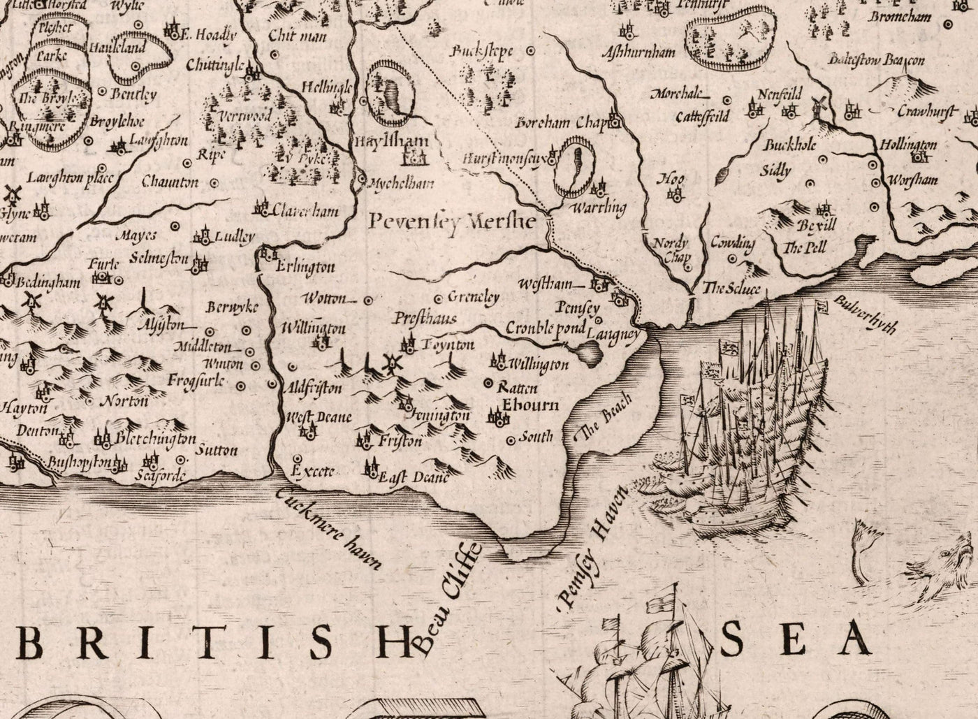 Ancienne carte de Sussex en 1611 par John Speed ​​- Worthing, Crawley, Brighton, Bognor, Eastbourne, Littlehampton, Horsham