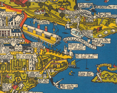 Ancienne carte pictoriale de Sydney, 1932 par Russell Lloyd - Harbour Bridge, Baies, Gare centrale, Jardins botaniques et sirènes!