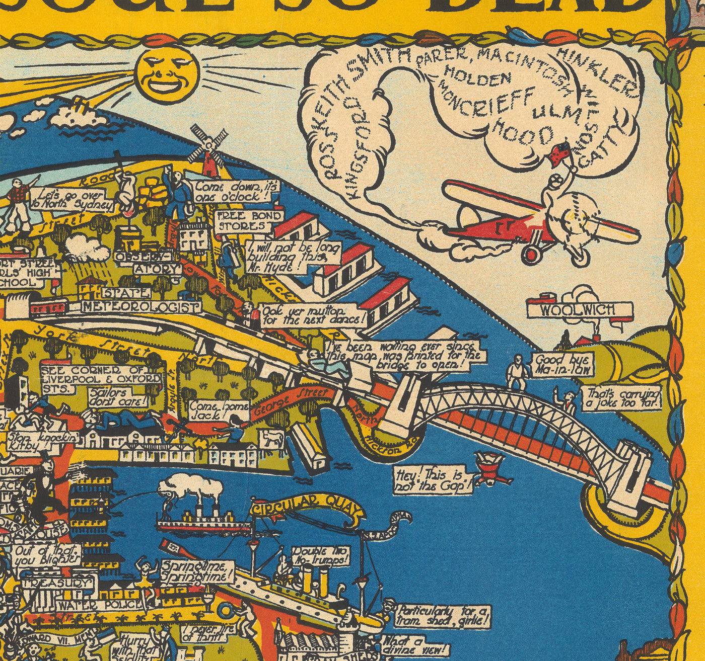 Viejo mapa pictórico de Sydney, 1932 de Russell Lloyd - Harbour Bridge, Bays, Central Station, Botanic Gardens & Sirmaids!