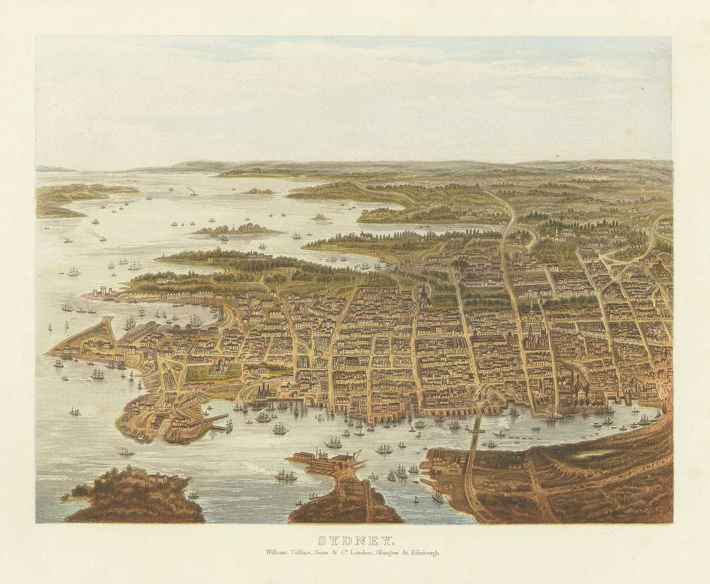 Alte Vogelperspektive von Sydney im Jahr 1875 von William Collins - New South Wales, St. George, Sutherland Shire, Süd, Inner West
