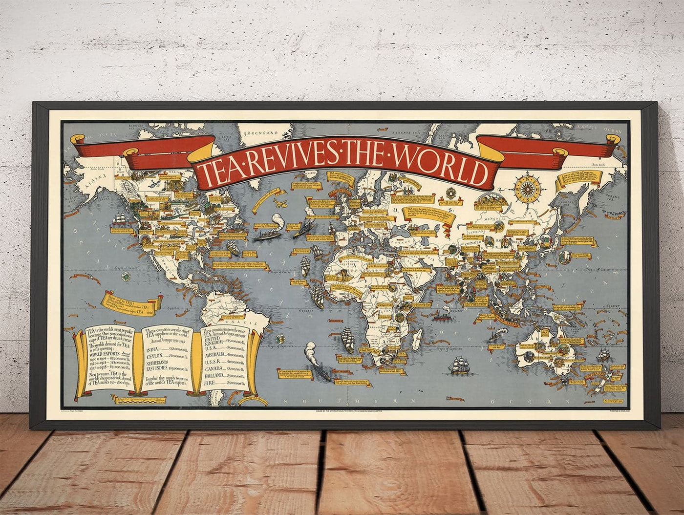 ¡El té revive el mundo, 1940 por Max Gill - Mapa del mundo raro para los bebedores de té!