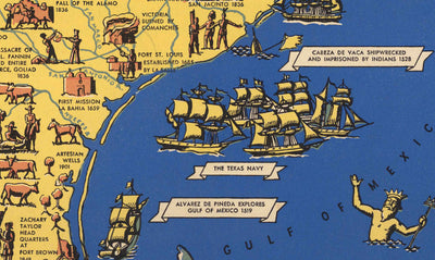 Ancienne carte illustrée de l'histoire du Texas, 1936 - Centenaire, chute d'Alamo, Houston, Dallas, Waco, bétail Longhorn