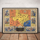 Mappa Pittorica Antica della Storia del Texas, 1936 - Centenario, Caduta dell'Alamo, Houston, Dallas, Waco, Bovini Longhorn 