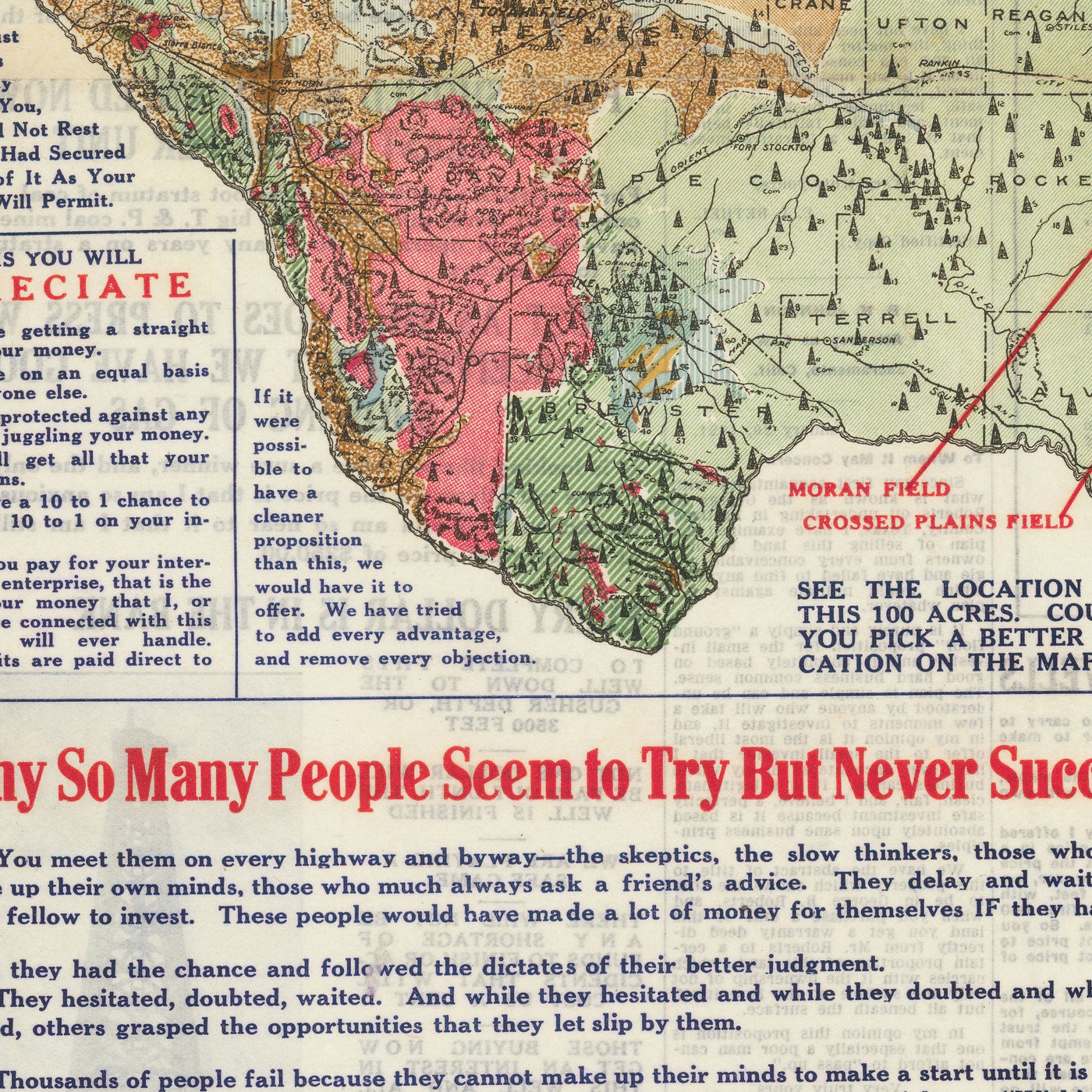 Seltene alte geologische Karte von Texas, 1921 - Eastland County Oil Boom Investment Chart