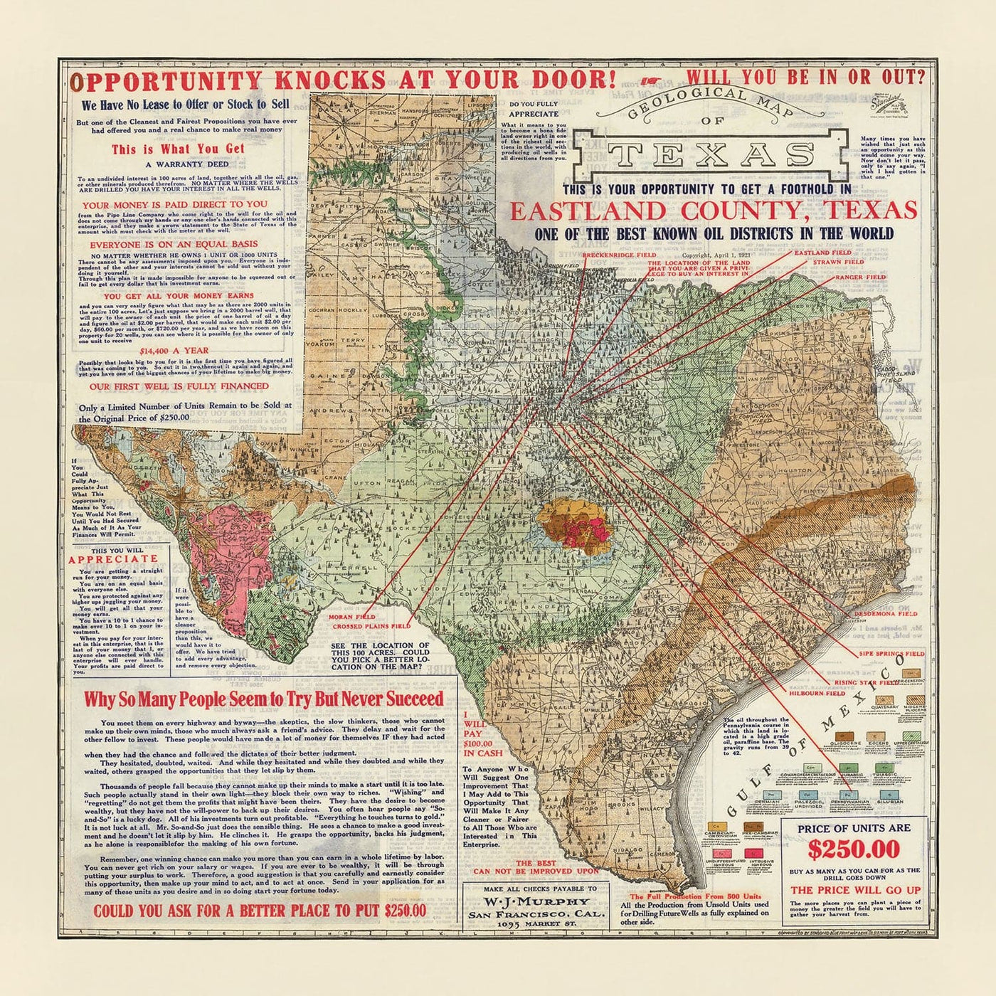 Rare ancienne carte géologique du Texas, 1921 - Tableau d'investissement du comté d'Eastland County Boom