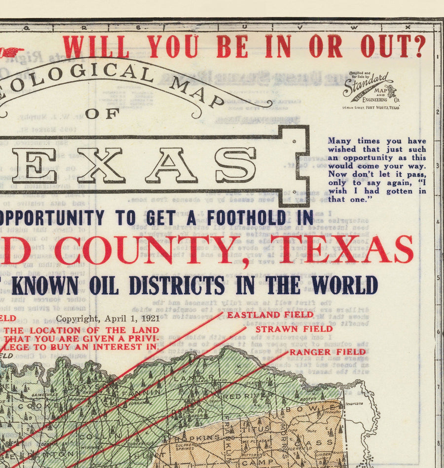 Mappa geologica antica e rara del Texas, 1921 - Grafico degli investimenti nel boom petrolifero della contea di Eastland 