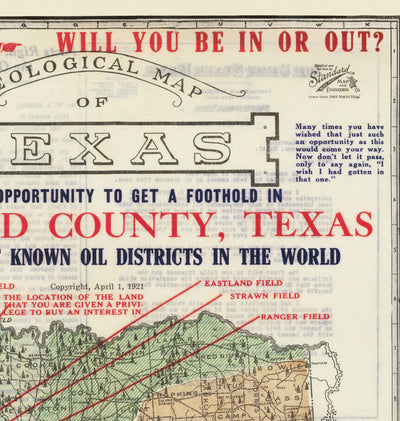 MAPA GEOLÓGICO VIEJO RARO DE TEXAS, 1921 - Tabla de inversión del auge de petróleo del condado de Eastland