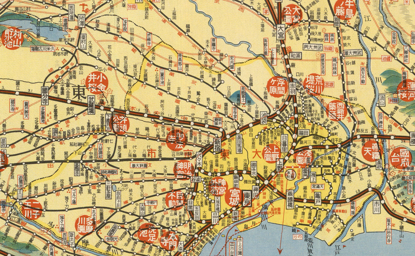 Alte Bildkarte von Tokio im Jahr 1932 von Noriai Jidosha Co. - Chuo, Shinjuku, Koto, Meguro, Taito