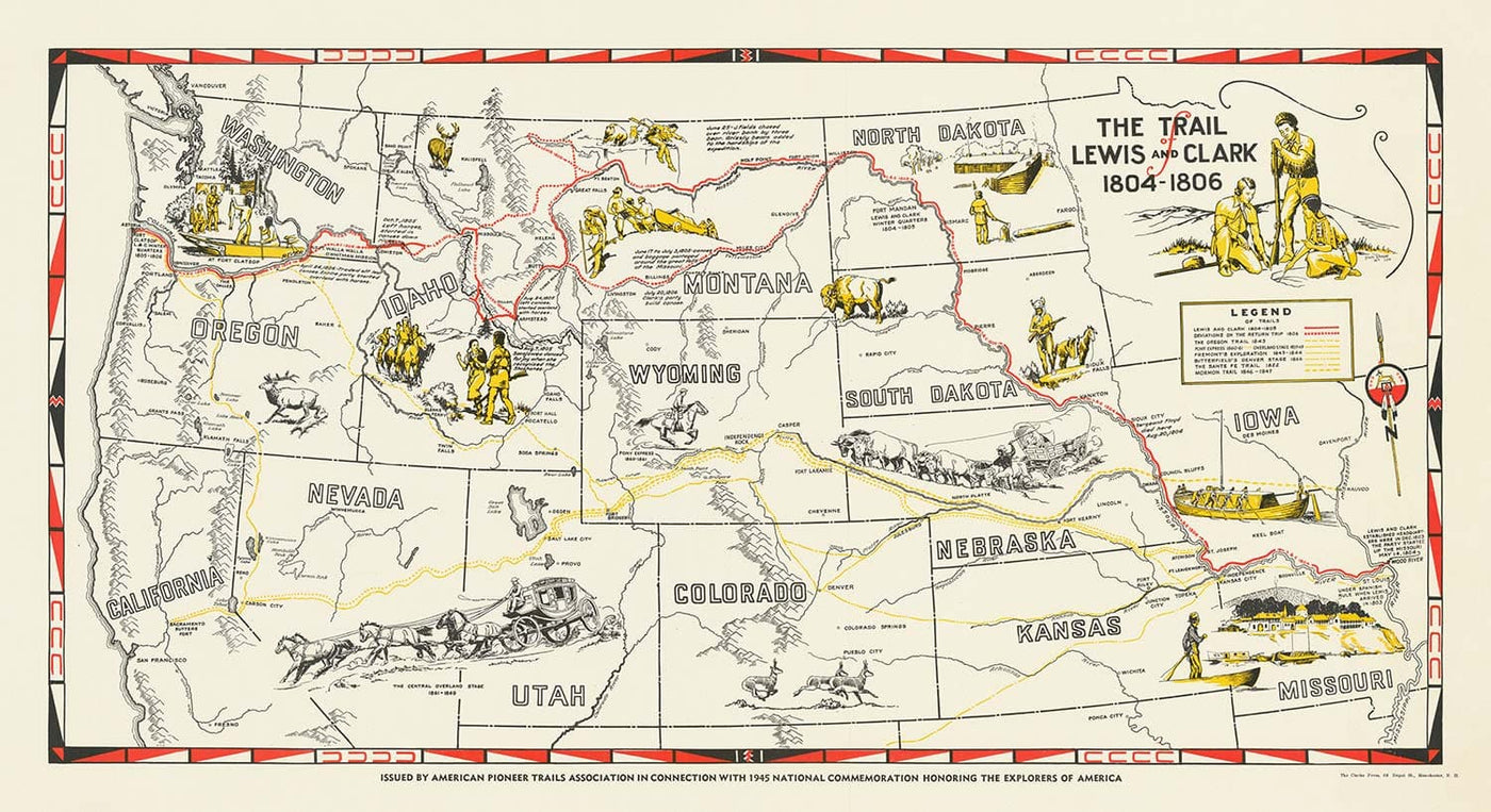 Viejo mapa de Lewis & Clark Expedition - Cuerpo de Descubrimiento, Oregon Trail, Mormones, Pony Express, Luisiana Compra