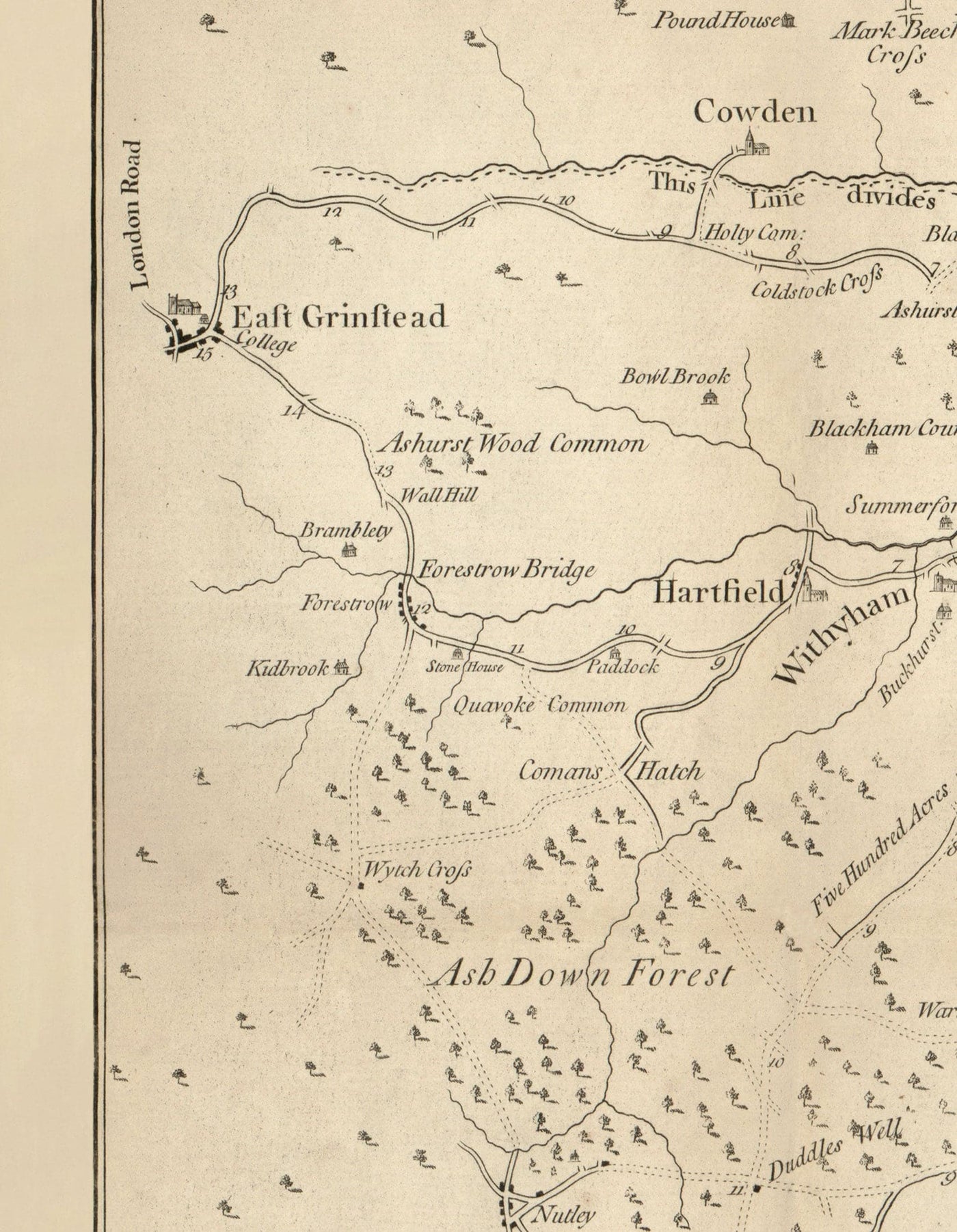 Old Map of Tunbridge Wells and 14 miles around by Jasper Sprange, 1802 - Kent, East Sussex