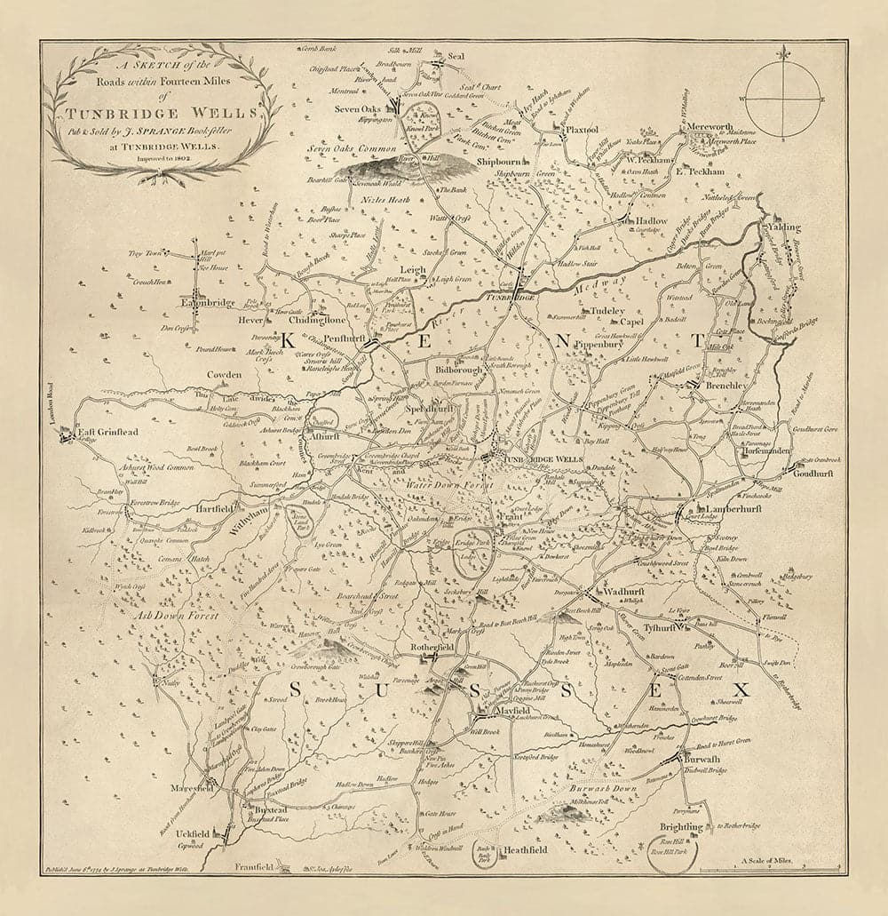 Ancienne carte de Tunbridge Wells et 14 miles autour par Jasper Sprange, 1802 - Kent, East Sussex