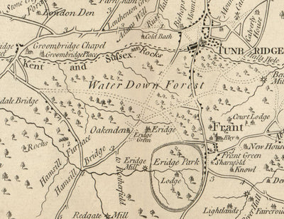 Old Map of Tunbridge Wells and 14 miles around by Jasper Sprange, 1802 - Kent, East Sussex